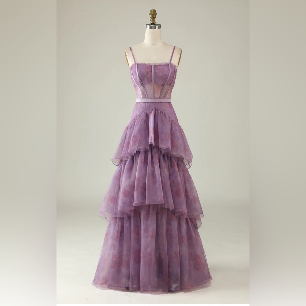 Purple Printed A Line Corset Prom Dress